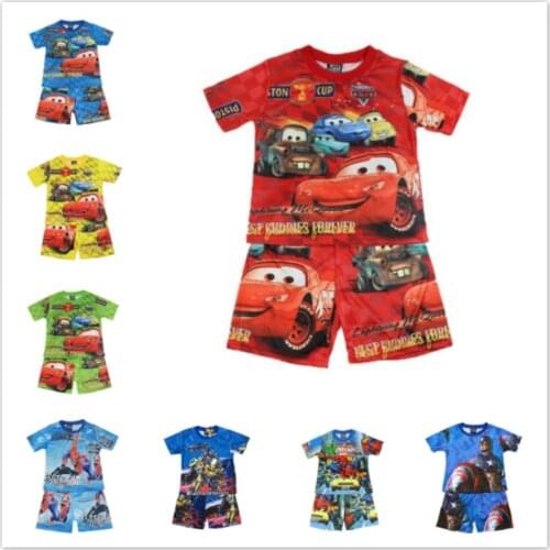Summer Boys Pajamas Pyjamas Set Cartoon McQueen Cars Spiderman Avengers Short Sleeve Sleepwear Homewear Children Clothing Sets