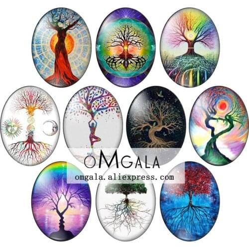 Colorful Tree of Life patterns 10pcs 13x18mm/18x25mm/30x40mm Oval photo glass cabochon demo flat back Making findings