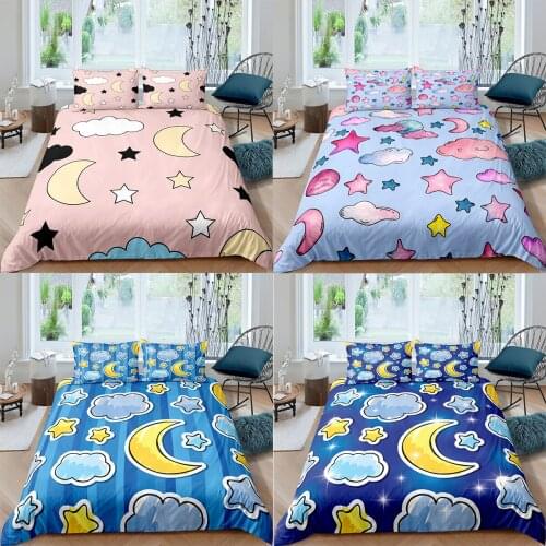 Star Moon Pattern 2/3pcs Bedding Sets Cartoon Printed Duvet Cover Bedclothes Adult Kids Queen Size Comforter Cover Pillowcases