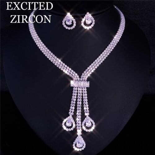 Luxury bling rhinestone zircon woman necklace earrings two-piece set wedding bride bridesmaid fashion jewelry accessories