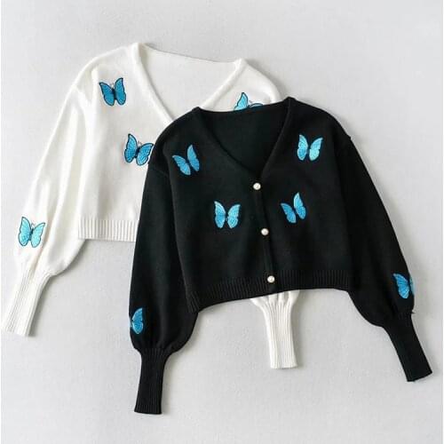 Europe and America Retro American V-neck Loose Short Butterfly Embroidered Princess Sleeve Thick Long Sleeve Sweater DLsy2460