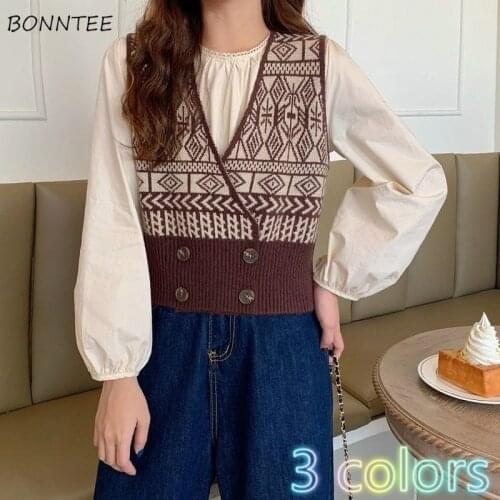 Sweater Vest Women All-match Design Outerwear Baggy V-Neck Female Clothes Sleeveless Patchwork Double Breasted Teenagers Korean