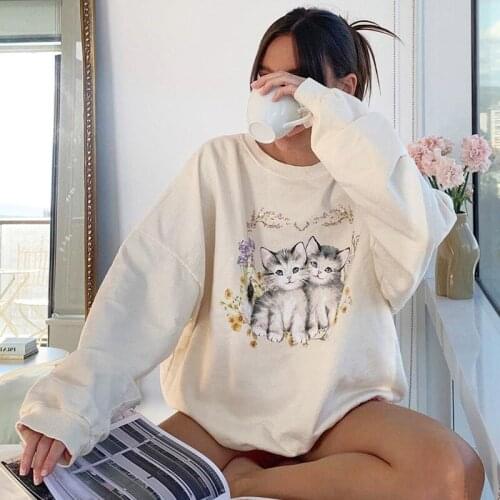 Cute Cats Pattern Sweatshirt Woman Autumn Loose White Color Preppy Style O-Neck Pullover Tops Female Long Sleeve Clothes