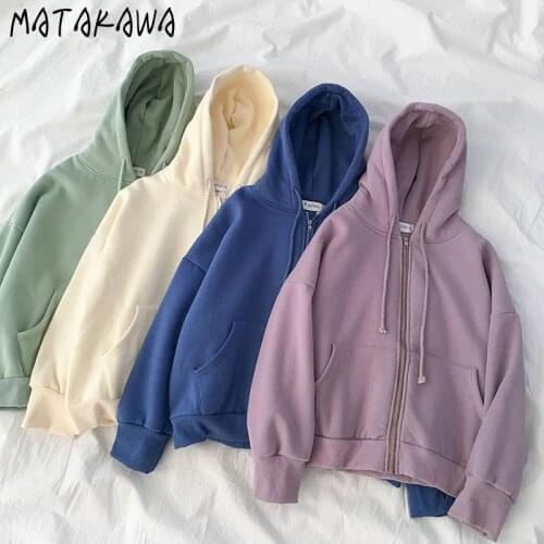 MATAKAWA Women Fleece Hoodie Sweatshirts Autumn Winter Japanese Fashion 2020 Ladies Warm Pocket Hooded Jacket