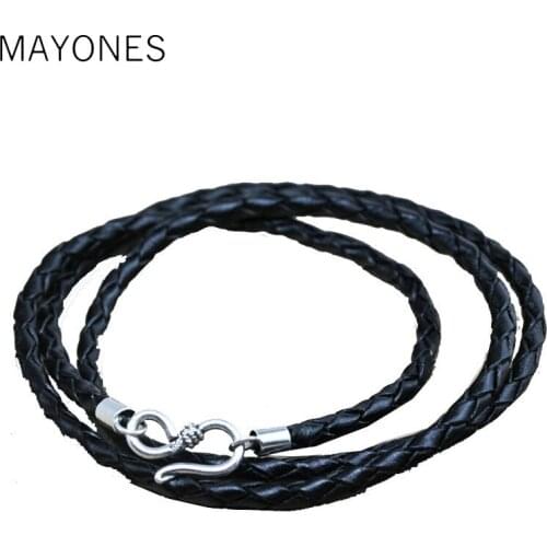 Real Leather Chain 925 Sterling Silver Necklace for Women Men Jewelry Accessories Black Thai S925 Solid Silver Jewelry Making