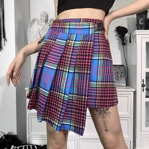 Women Harajuku Pleated Skirt Japanese Kawaii Gothic Sexy Summer Sweet Plaid High Waist Mini Skirts Irregular Streetwear