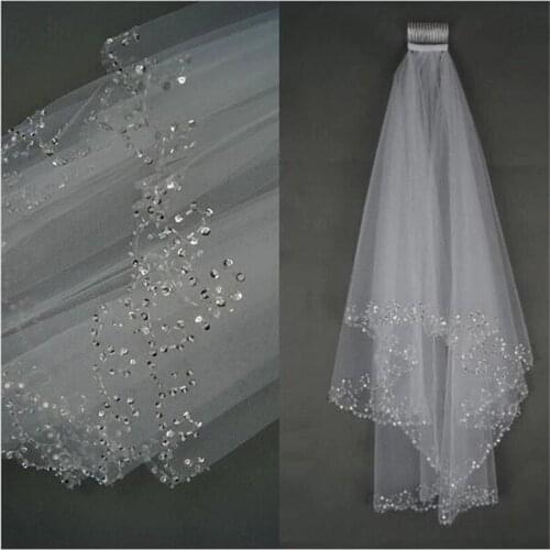 NUOXIFANG 2020 Wedding Veils White Ivory Woman Bridal Veils 2 Layers 75 CM Handmade Beaded Edge With Comb Wedding Accessories