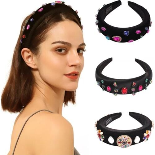 Women Rhinestone Thick Sponge Headband Width Padded Sponge Hairband Female Hair Accessories 2019 Trendy Retro Luxury Headwear