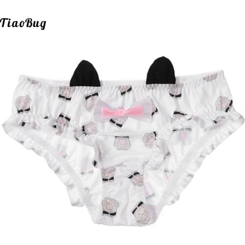 TiaoBug Women Student Soft Smooth Cute Briefs Low Waist Cartoon Cat Paw Print Cat Ears And Bowknot Adorned Underwear