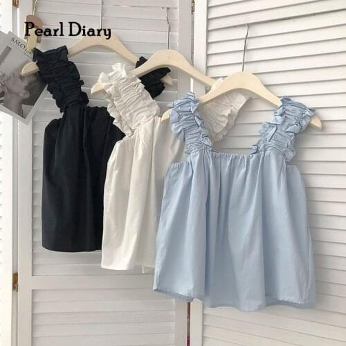Pearl Diary Women Woven Doll Top Shirring Strappy Tank Tops Summer Solid Color Korean Style Cute Tops For Girls Retro Vacation