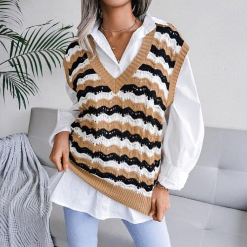 2021 Stripe V Neck Sweater Sleeveless Women Khaki Jacquard Autumn Winter Fashion Patchwork Y2k Knitted Vest Casual Pullover