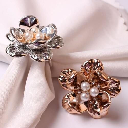 10pcs/lot New Napkin Ring Pearl Flower Napkin Button Electroplating Rose Flower Dinner Ring
