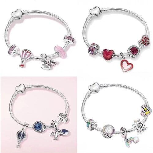 100% 925 Sterling Silver Telescope Hot Air Balloon Pendant And Cats Eye Bead Bracelet For Christmas gift Wedding Jewelry