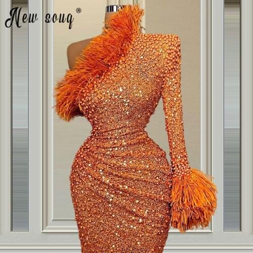 2021 Sexy Orange Evening Dresses Sequins Beaded One Shoulder Long Sleeves Pageant Wedding Event Party Gowns with Feathers