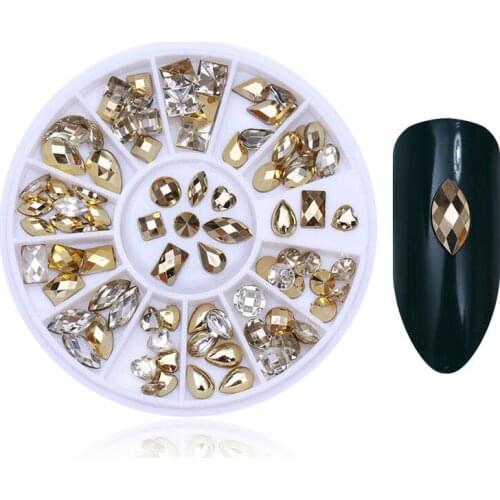 3D Glitter Double-sided Nail Art Rhinestone Charms Gold Heart Water Drop Shape DIY Nail Art Decorations Nails Tips Wheel Tip