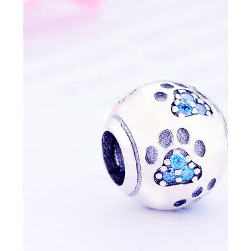 925 Sterling Silver Animal Dog Bear Paw Print Blue Natural Zircon Stone Bead Fit Original Pan Charm Bracelet Making Berloque
