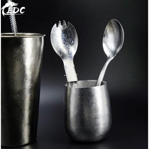 A280 Outdoor Camping Picnic Pure Titanium Double Water Cup Portable Spoon Fork Beer Glass Health EDC Cup Set