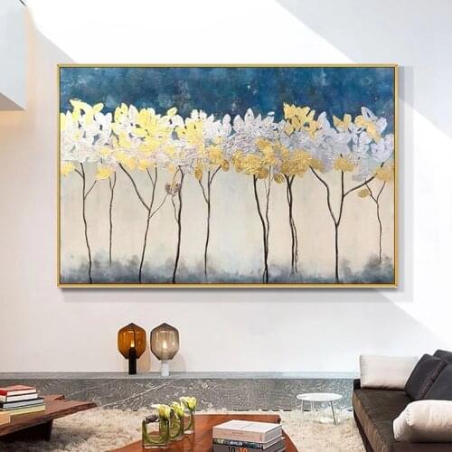 100% Handmade Abstract Gold Foil Tree Oil Painting On Canvas Modern Landscape Home Decor For Living Room Hallway No Frame
