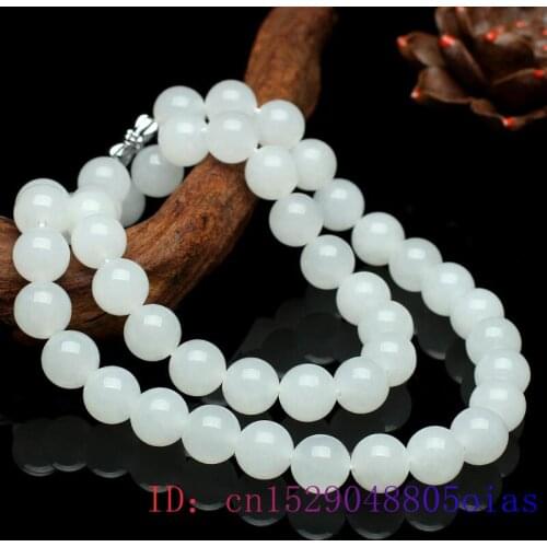 White Jade Beaded Necklace Beads Natural Fashion Gemstone Jewelry Charm Gift Chalcedony Amulet Women