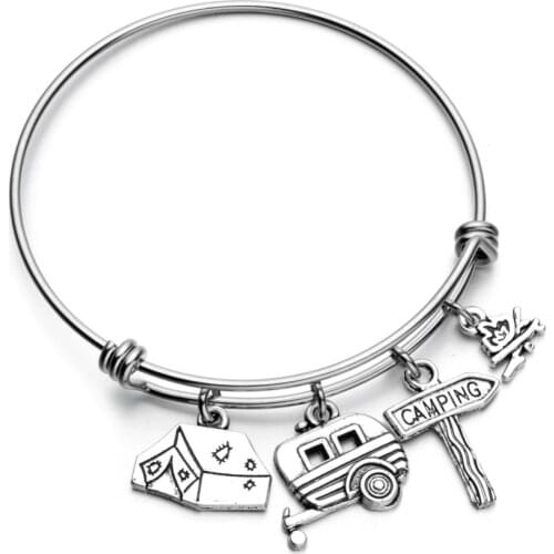 Camper Charm Bracelets Camping Lover Gifts Tent Travel Trailer Fire Stainless Steel Adjustable Wire Camp Bangle Retirement Gifts