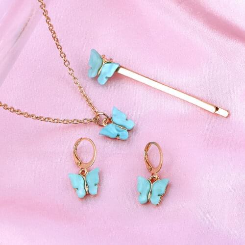JUST FEEL 3pcs/set Necklace Earrings Jewelry Set Acrylic Butterfly Necklace Earring Hairpin Fashion Cute Girls Gift Jewelry Gift