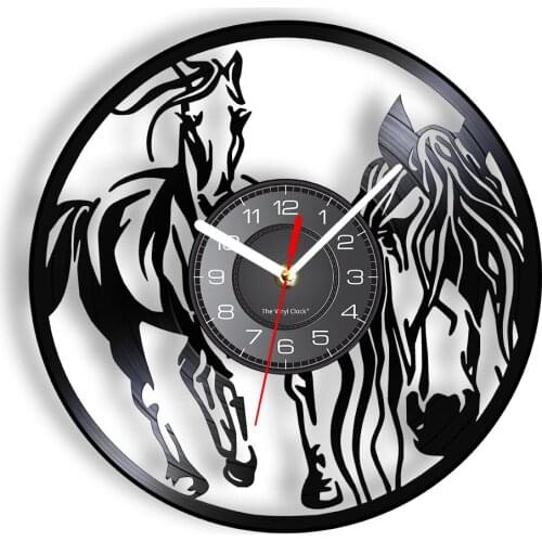 Horses Silhouette Wall Clock Steed Fine Horse Cool Animals Wall Watch Made Of Real Vinyl Record 3D Laser Cut LP Retro Timepieces