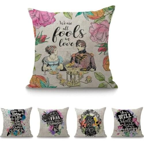 Floral Jane Austen Quotation Letter Print Decorative Cushion Linen Throw Pillow 45x45 CM Nordic Masterpiece Cushion For Sofa