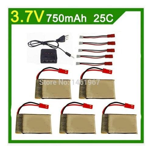 5 pcs MJX X400 drone Lipo battery 3.7V 750mAh 25C for MJX X400 x800 RC Helicopter Quadcopter Spare Parts with + Charger + Cable