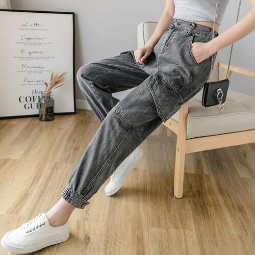 Streetwear High Waist Cargo Jeans Woman Spring Autumn Plus Size gray Mom jeans Ladies women Denim pants Loose jeans mujer