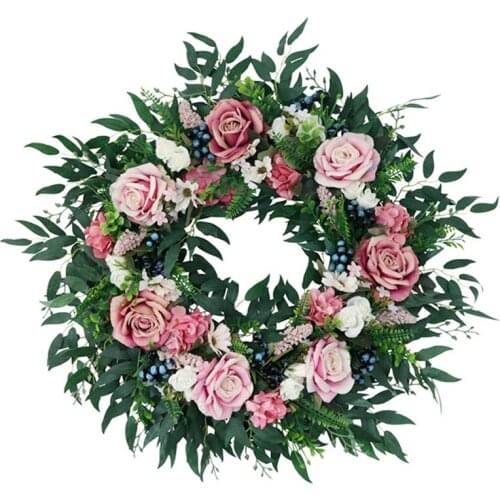 Artificial Rose Flower Wreath With Blueberry Fruit For Front Door Farmhouse Wall Window Wedding Party Garden Home Decor-ABUX