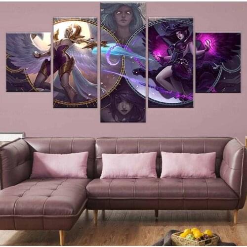 Canvas Painting Prints Home Decoration 5 Panel Morgana And Kayle League Of Legends Video Games Wall Art Modular Pictures Poster