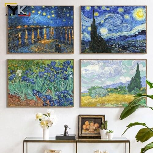 Starry Sky With Cypresses By Van Gogh Painting Replica On The Wall Impressionist Landscape Wall Art Canvas Picture Cuadros Decor