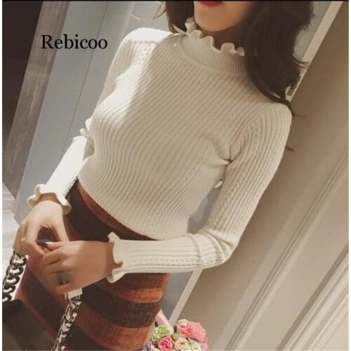 Cashmere Knit Women Sweater Pullover Ruffles Turtleneck Twist Wool Autumn Winter Long Sleeve Jumper Casual Sweater