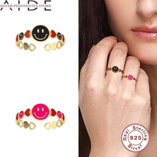 AIDE Smiley Ring S925 Sterling Silver Punk Opening Finger Rings For Women Heart-shaped Hollow Anillo Plata 925 Fine Jewelry