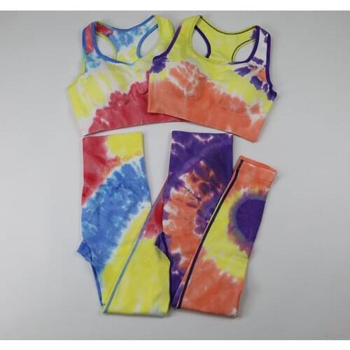 Tie Dry Seamless Yoga Set Women Gym Clothing Workout Sportswear Push Up Leggings Racerback Sports Bra Fitness 2PCS Sports Suits