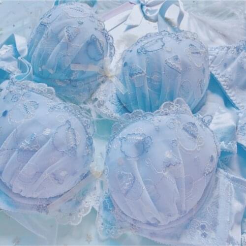 Ethika Women Set 2 Piece Japanese Sexy Bra Panties Push Up Kawaii Cup Plus Size Lingerie Femme White Blue Bra Panties Thong New