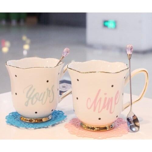 Creative European coffee cup, flower tea cup, ceramic mug with spoon, couple water cup, trendy water cup