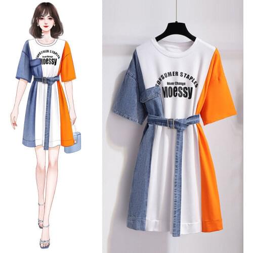 Summer Womens Dress Frilly T-shirt Alphabet Print Irregular Dress Street Casual Wear Splicing Middle Denim Dress 6091720