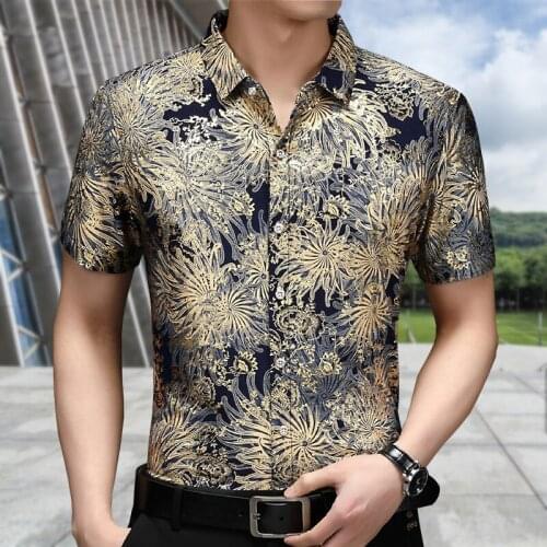Summer new middle-aged mens ice silk shirt mens lapel thin casual printed half sleeve floral shirt Oversized shirt 2021