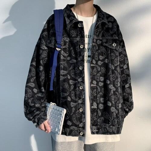 Men jacket Denim jacket men spring and autumn cashew flower printing loose casual tooling tide brand hip-hop windbreaker coat