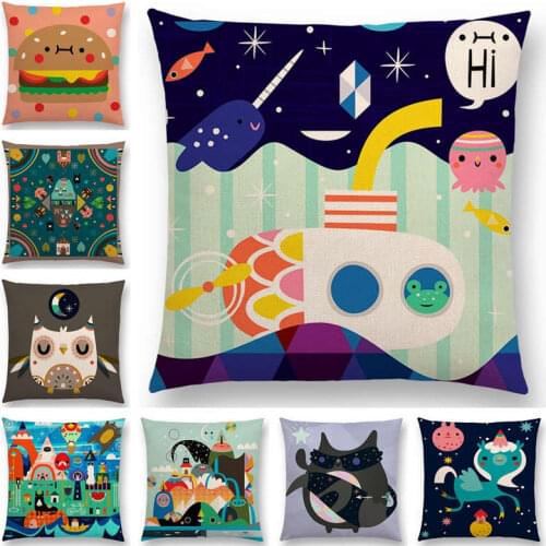 Hot Sale Colorful Fantasy Cartoon Cute Animals Dream Ocean Amusement Park Magic Cat Owl Rainbow Burger Cushion Cover Pillow Case