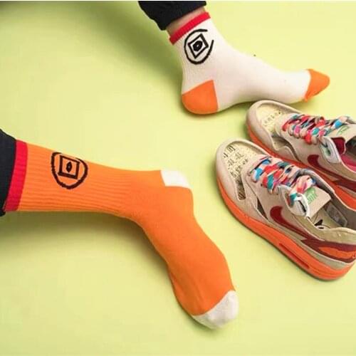 High Quality New Harajuku Cotton Orange White Socks With Print Cute Cotton Fashion Hip Hop Men Skateboard Breathable Socks Women