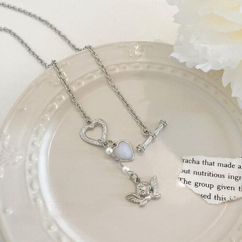 Origin Summer Punk Stainless Steel Love Heart Chunky Chain Pendant Necklace for Women Metal Angel Toggle Clasp Necklace Jewelry