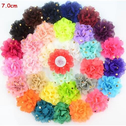 32pcs/lot Popular 7.0cm Small Gold Polka Dot Fabric Chiffon Flower Flat Back Ballerina Ruffle Flowers Headband Accessories TH227