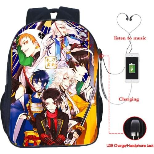 Students Touken Ranbu Online USB Charge School Backpack Boys Girls School Bags Beautiful USB Charging Schoolbag Satchel Rucksack
