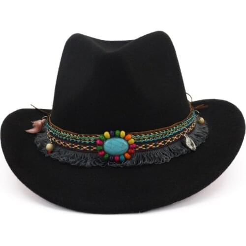 2019 Men Women Western Cowboy Fedora Hat With Tassel Ribbon Pop Wide Brim Hat Jazz Hat Black Size 56-58CM
