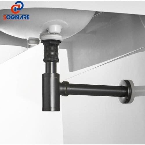 SOGNARE Bottle Trap Round Siphon 100% Brass P-TRAP Wall Bathroom Vanity Basin Pipe Waste and Pop Up Drain With/Without Overflow