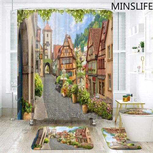 Quiet European Landscape and Architecture Bathroom Set with Shower Curtain and Rugs Anti-slip Bath Mat Toilet Seat Cover Carpet