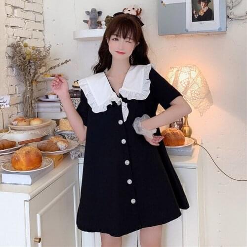 Womens Summer Korean-Style Loose V Letter Contrasting Color WoodenShort-Sleeved All-match Student Buckle lolita dress