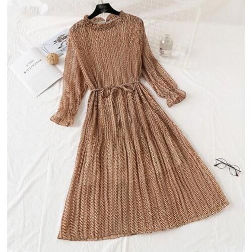 2021 New Spring Summer Vintage Floral Print Pleated Long Chiffon Dress Long Sleeve Loose Plus Size Dresses Women